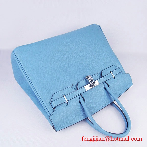 Hermes 35cm Embossed Veins Leather Bag Light Blue 6089 Silver Hardware
